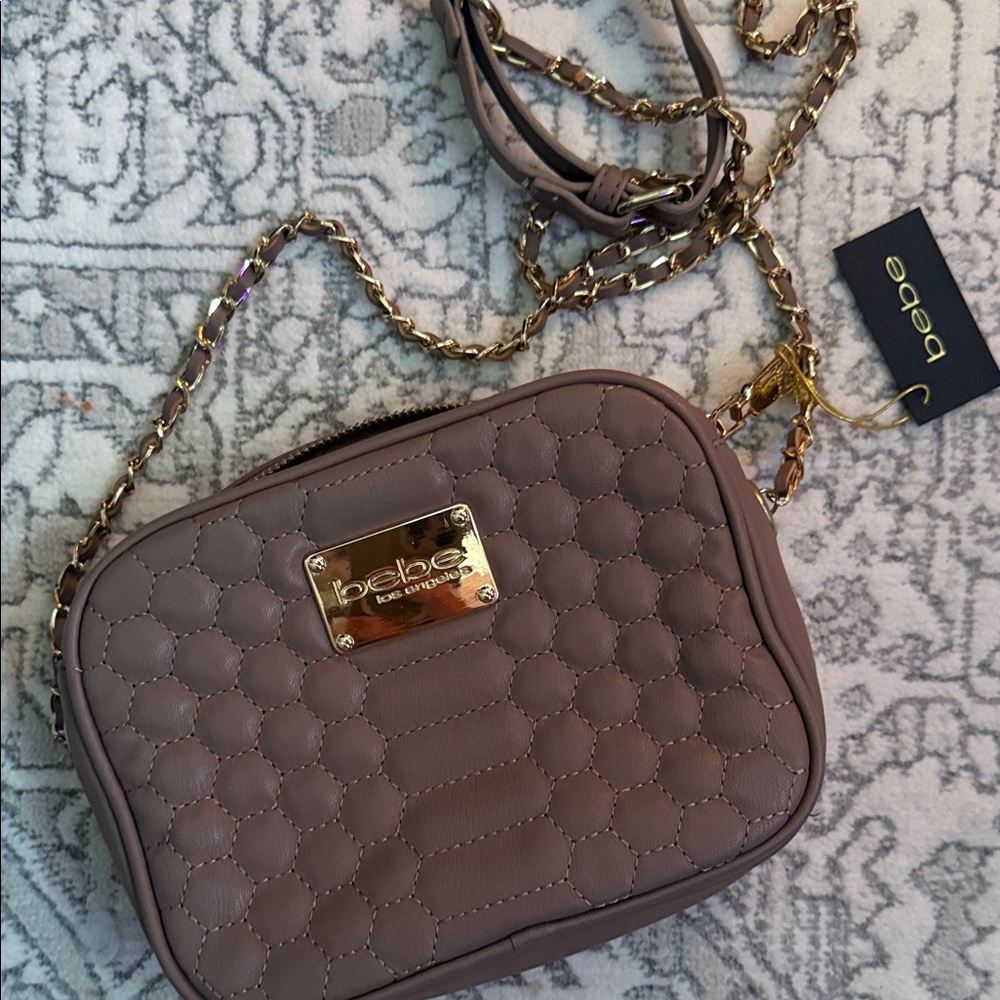 Bebe Beige Quilted Crossbody Bag with Gold Chain